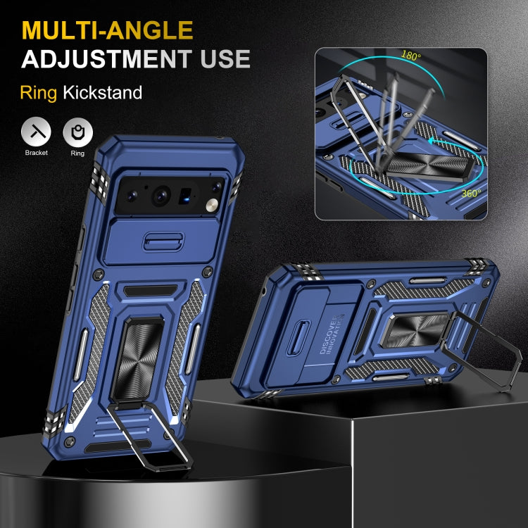 Blue rugged phone case with ring kickstand and metal bracket support