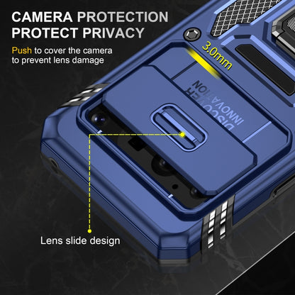 Blue rugged phone case with sliding camera cover over the lens area