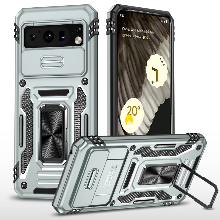 Rugged light blue phone case with camera shield and built-in kickstand bracket