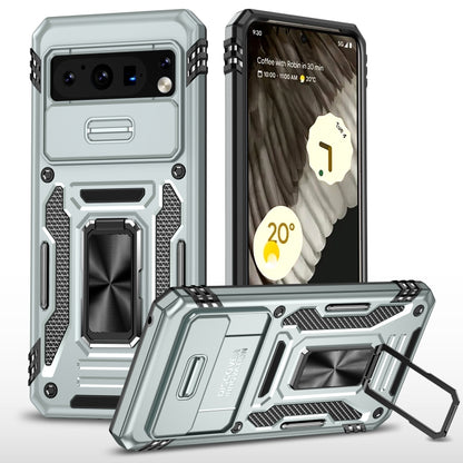Rugged light blue phone case with camera shield and built-in kickstand bracket