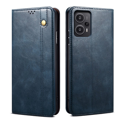 Blue flip leather phone case with circular snap and camera cutout
