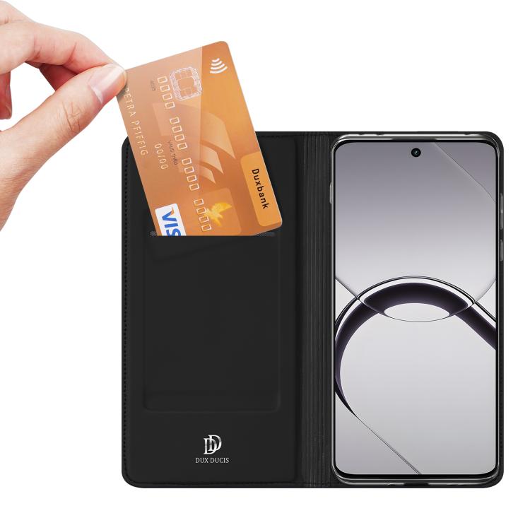 Black flip wallet phone case with card slot and secure phone opening