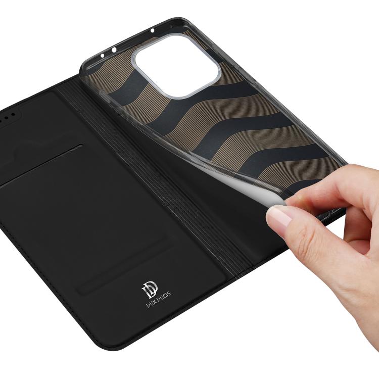 Black flip leather phone case with patterned card tray and camera opening