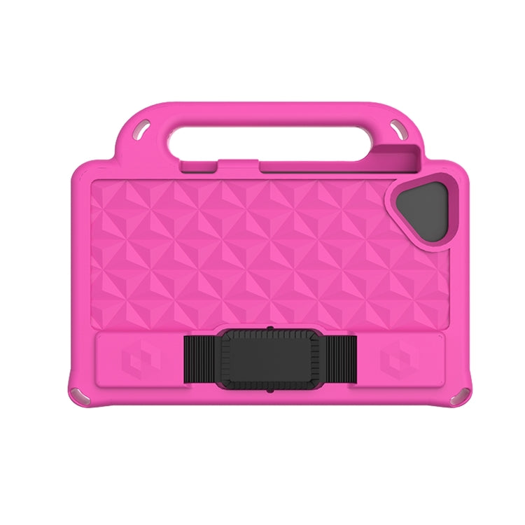 Rose red EVA shockproof tablet case with handle, camera cutout, and black belt strap