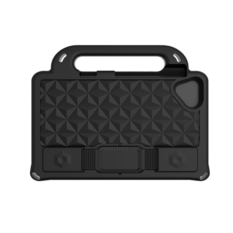 Black EVA shockproof tablet case with handle, camera cutout, and black belt strap
