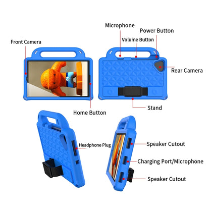 Blue tablet case diagram showing cutouts for camera, buttons, headphone plug, and speakers