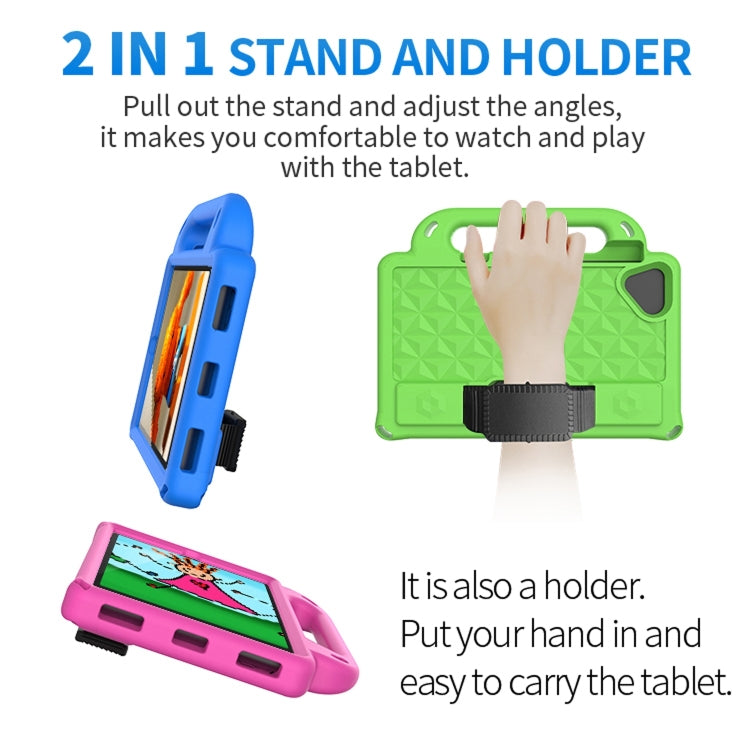 Green shockproof tablet case with built-in stand and hand holder, diamond texture.