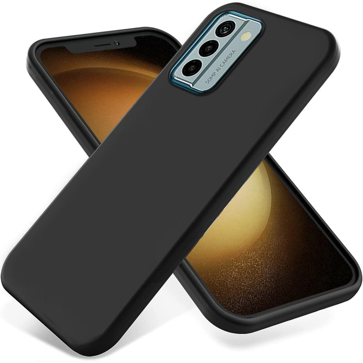 Black liquid silicone phone case with camera lens protection and raised rim