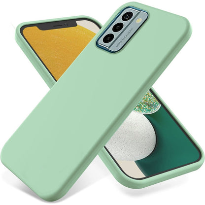 Mint green liquid silicone phone case with raised edges and triple camera cutout