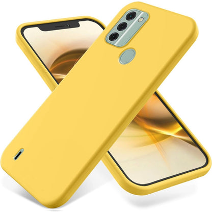 Yellow liquid silicone phone case with raised edges, triple camera cutout, and fingerprint