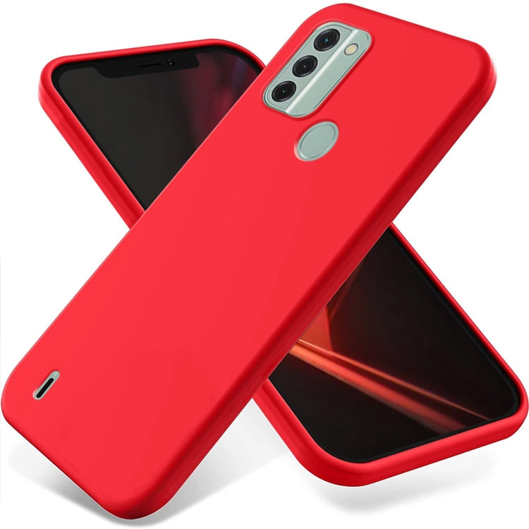 Red liquid silicone phone case with raised edges, triple camera cutout, and fingerprint