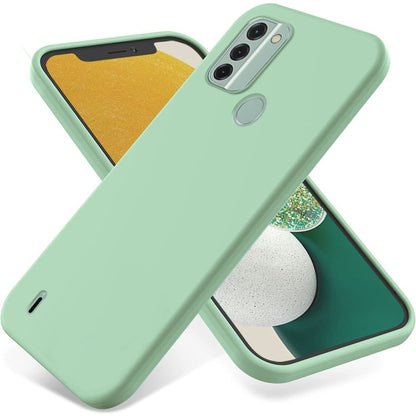 Mint green liquid silicone phone case with raised edges, triple camera cutout, and fingerprint