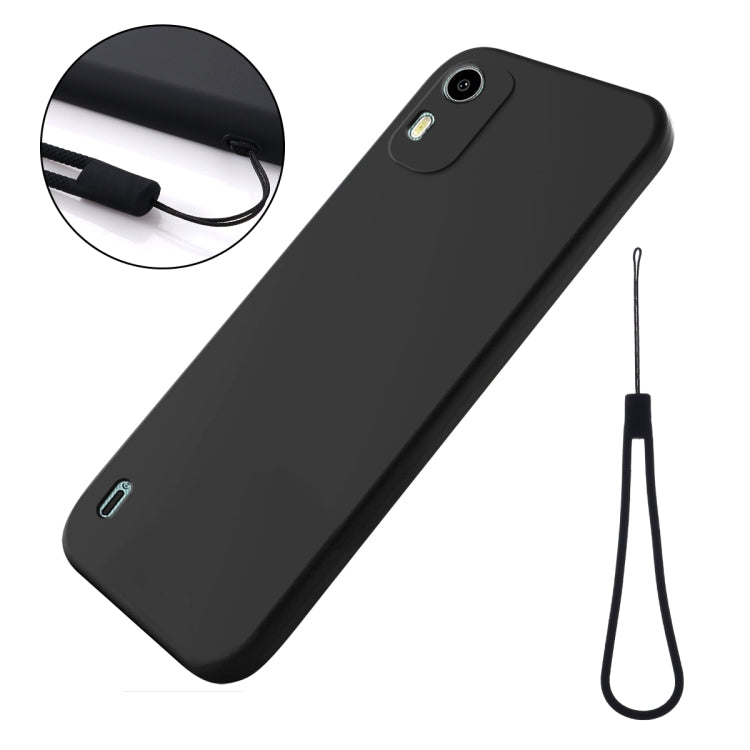 Black liquid silicone phone case with lanyard strap and precise camera cutout