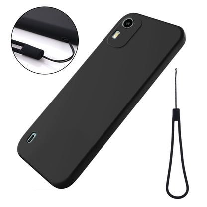 Black liquid silicone phone case with lanyard strap and precise camera cutout