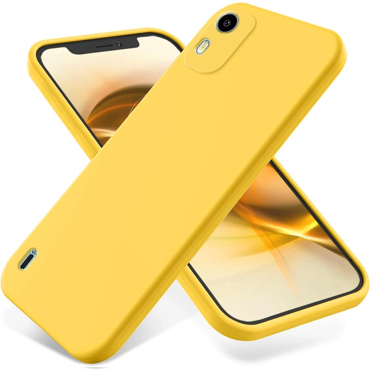 Yellow liquid silicone shockproof phone case with camera cutout and raised edges