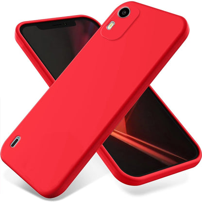 Red liquid silicone phone case with raised edges and single camera cutout