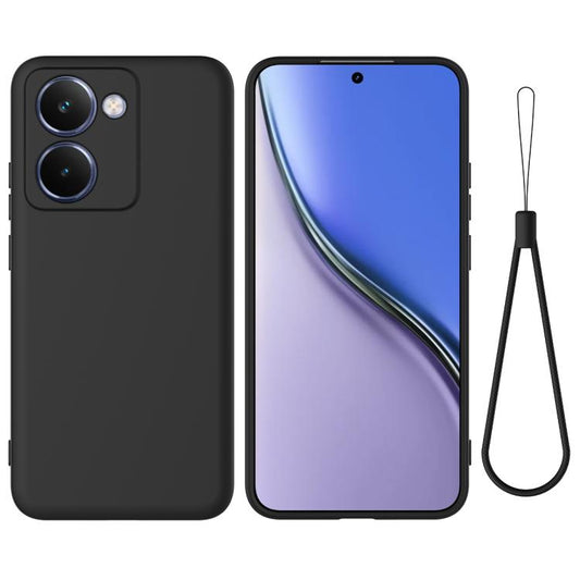 Black liquid silicone full-coverage phone case with camera cutouts and lanyard