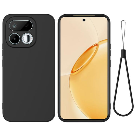Black liquid silicone phone case with camera cutouts and lanyard strap holder