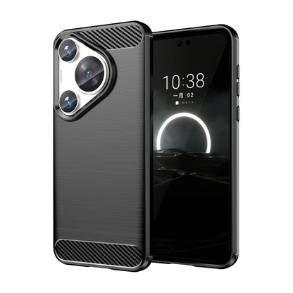 Black TPU phone case with carbon-fiber accents, brushed back, camera lens cutout