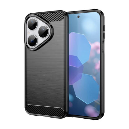 Black brushed carbon-fiber TPU phone case, textured back, front screen visible