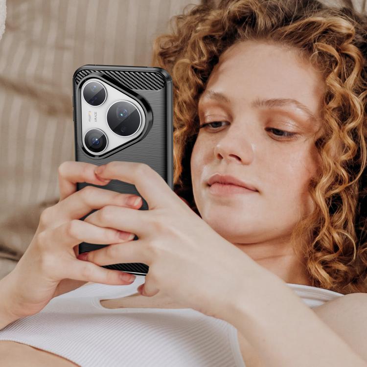 Black carbon-fiber TPU phone case on a smartphone; rugged corner design