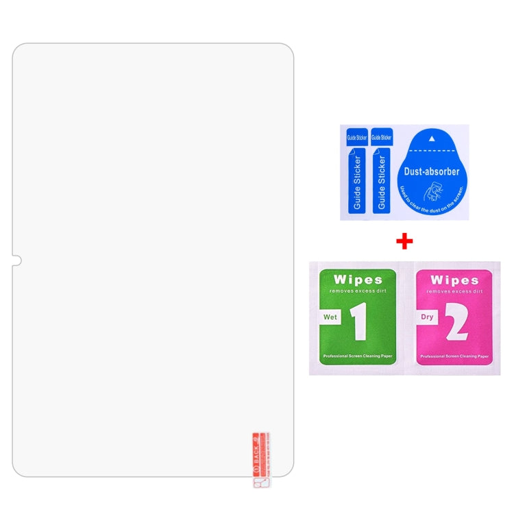 Tablet screen protector with included dust-absorber and wet/dry cleaning wipes