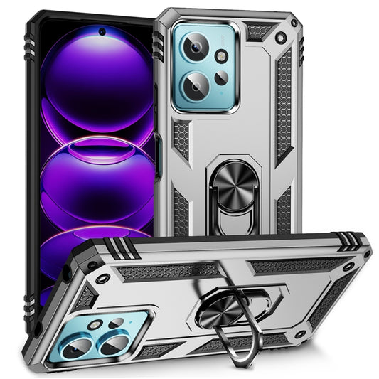 Shockproof phone case in silver with black accents and rotating metal ring holder