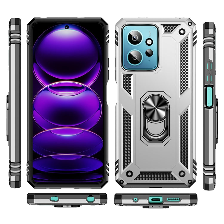 Shockproof phone case set in silver with black grips and rotating ring holder