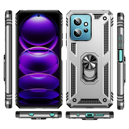 Shockproof phone case set in silver with black grips and rotating ring holder