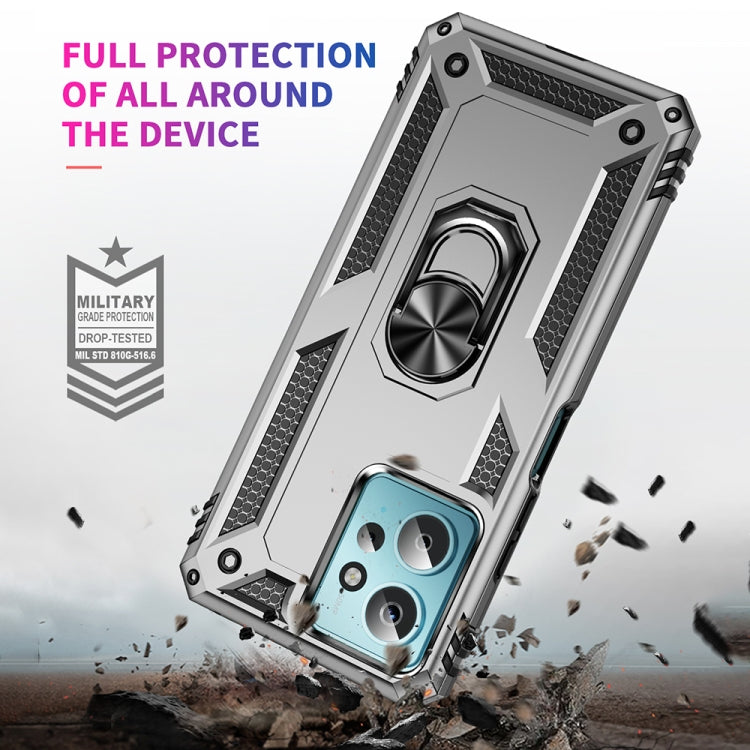 Shockproof phone case in silver with built-in ring holder and textured side protection