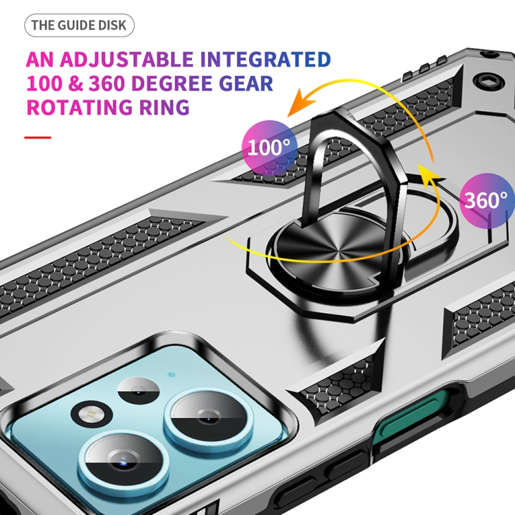 Shockproof phone case in silver with 360-degree rotating ring holder and textured edges