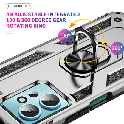 Shockproof phone case in silver with 360-degree rotating ring holder and textured edges