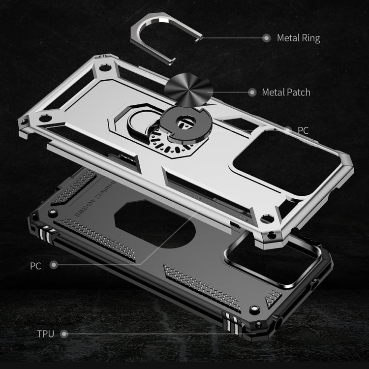Shockproof phone case in silver with black TPU edges and rotating metal ring holder