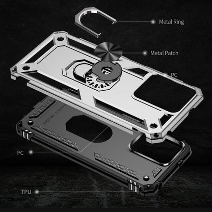 Shockproof phone case in silver with black TPU edges and rotating metal ring holder