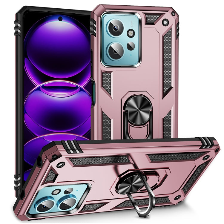 Shockproof phone case in rose gold with black accents and rotating metal ring holder