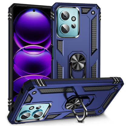 Shockproof phone case in blue with black accents and rotating metal ring holder