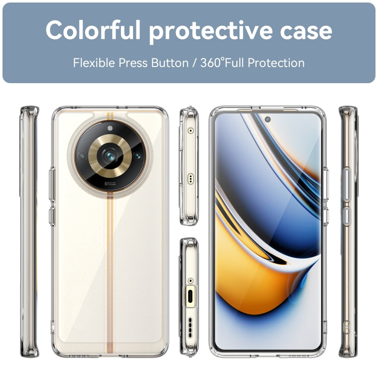 Transparent hybrid TPU phone case set showing front, back, and side protection for Realme 11 Pro+