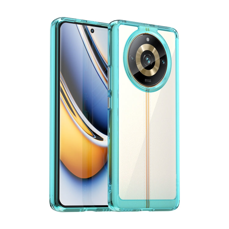 Transparent blue hybrid TPU phone case with teal edges and beige back for Realme 11 Pro+