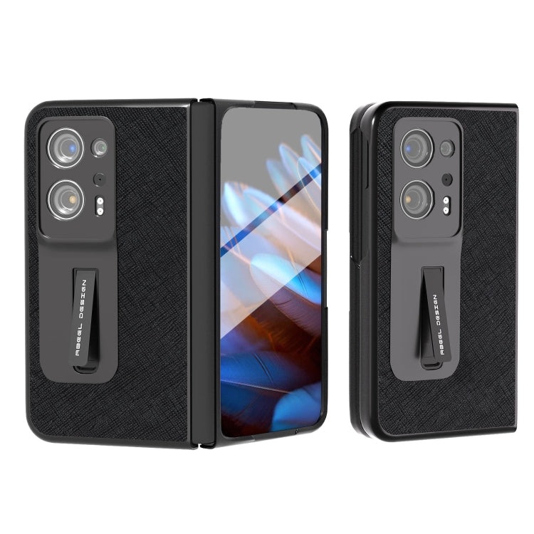 Black genuine leather phone case with built-in holder, textured finish, dual-view coverage.