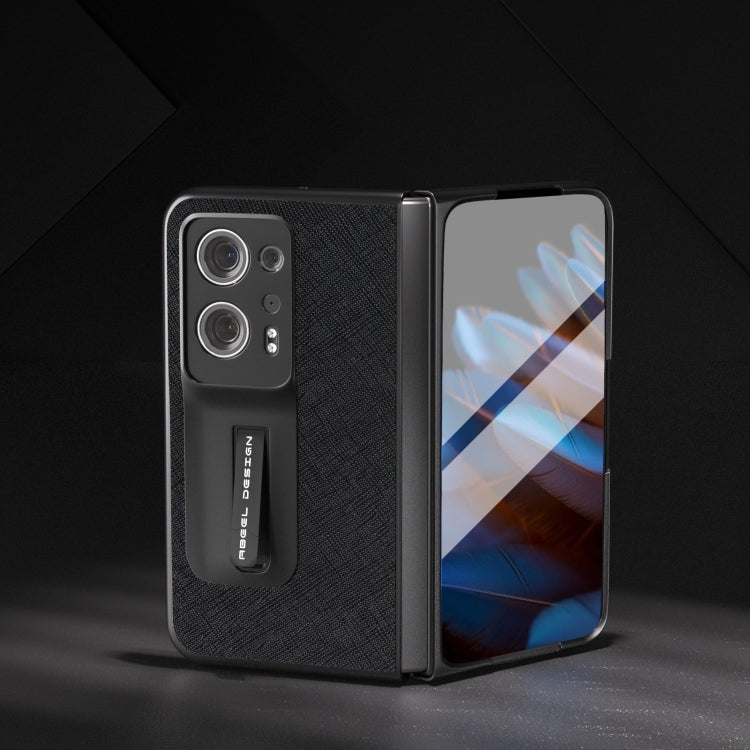 Black genuine leather phone case with built-in holder, textured back and raised camera panel.