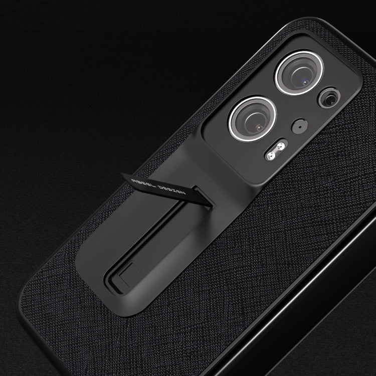 Black genuine leather phone case close-up, textured surface and built-in holder tab.