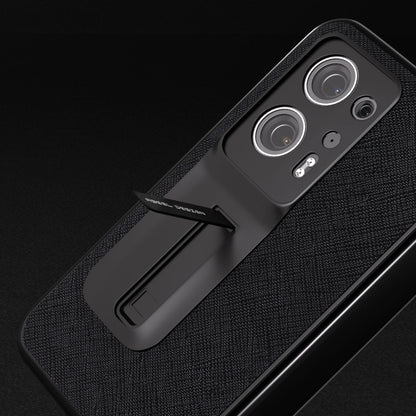 Black genuine leather phone case close-up, textured surface and built-in holder tab.