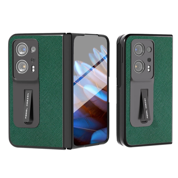 Green genuine leather phone case with built-in holder, textured finish, front and back views.