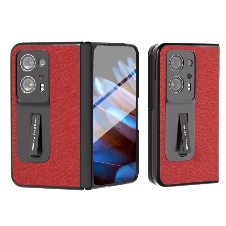 Red genuine leather phone case with built-in holder, textured finish, front and back views.