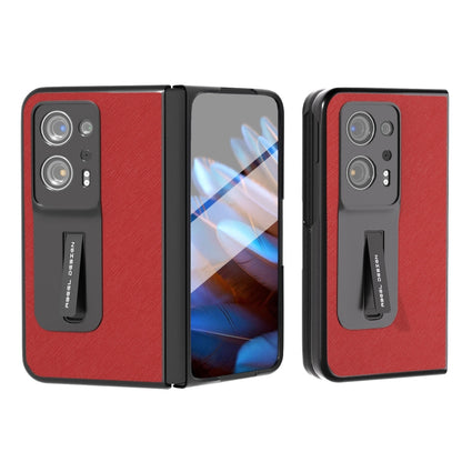 Red genuine leather phone case with built-in holder, textured finish, front and back views.