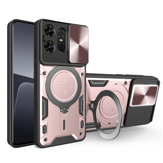 Rugged sliding magnetic phone case with pink circular ring and camera shield