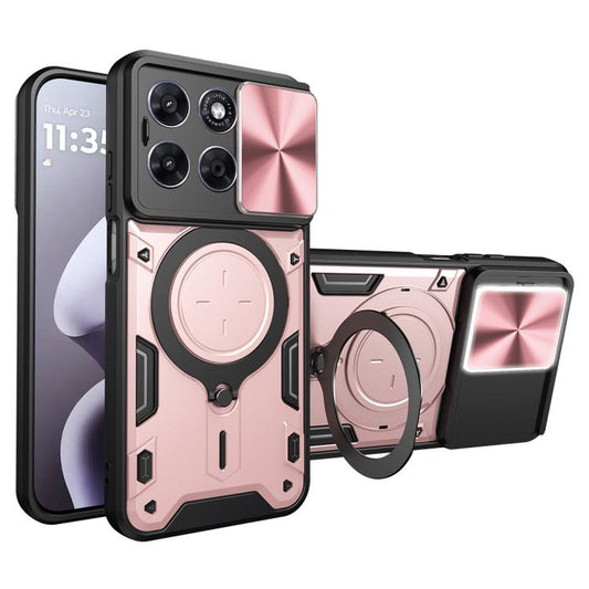 Pink and black textured phone case with sliding cam shield and magnetic holder