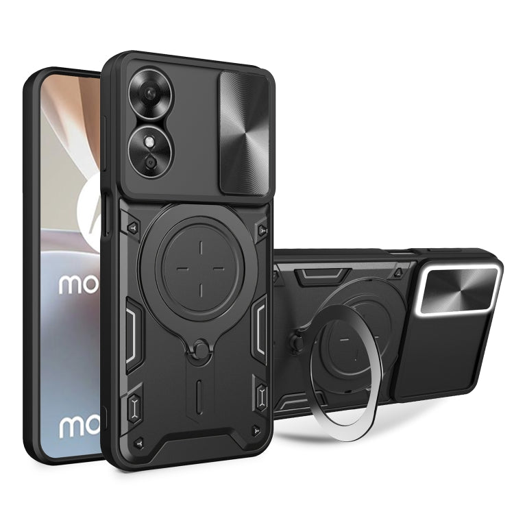 Black phone case with sliding cam shield and magnetic ring holder for smartphones