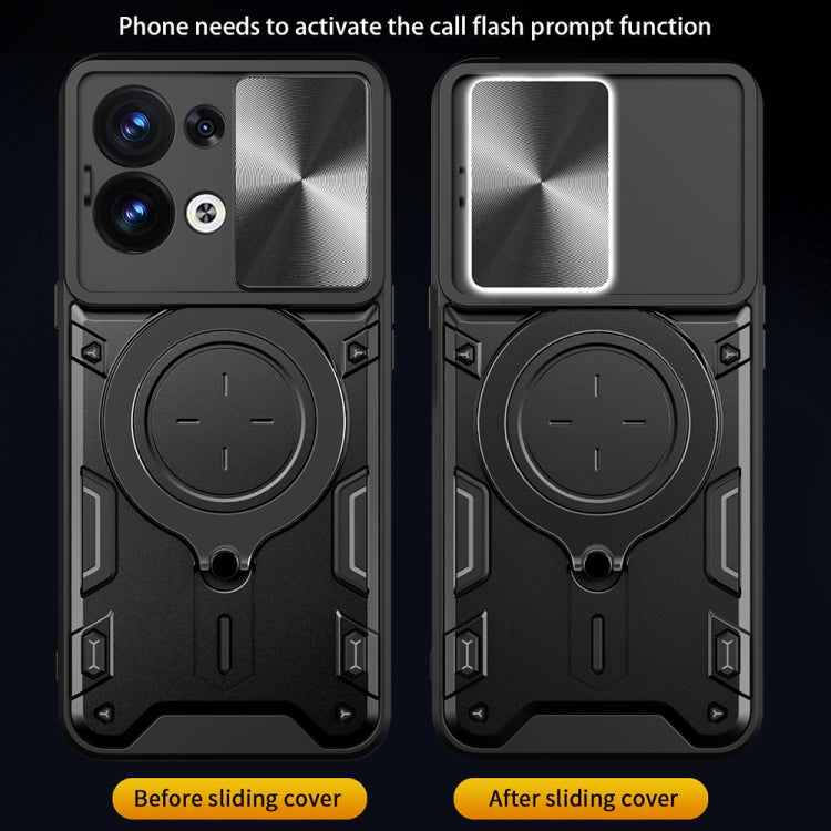 Black sliding camshield magnetic phone case with rotating circular holder, before and after