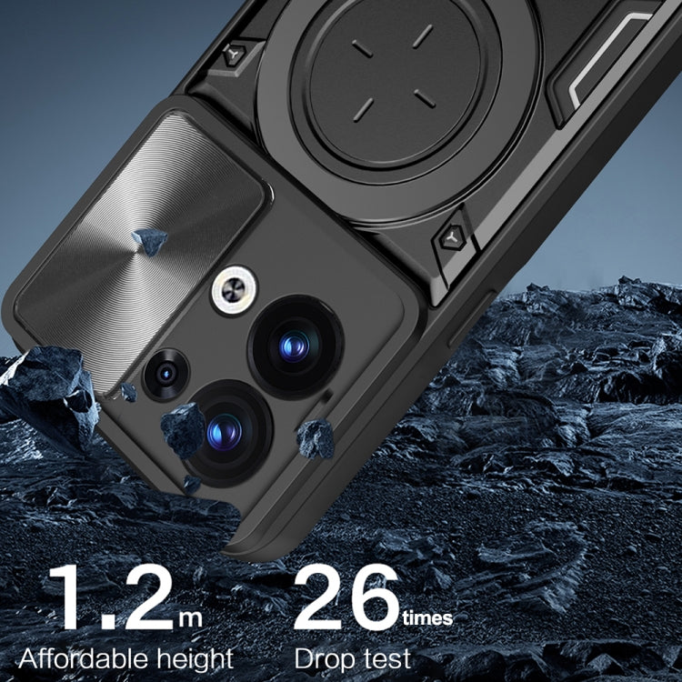 Black sliding camshield magnetic phone case with circular holder and rugged bumper design